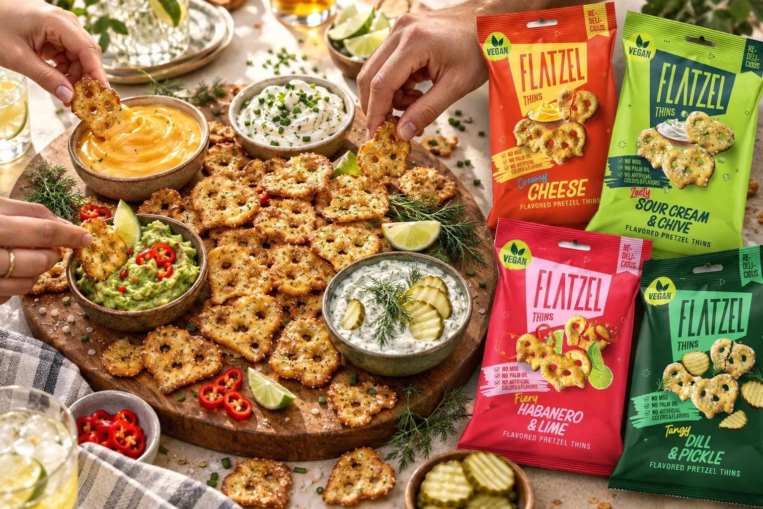 Flatzel Pretzel Thins auf einem Holzbrett mit Dips, daneben die vier Beutel