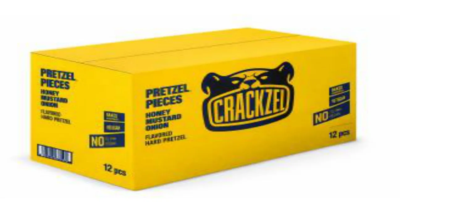 Gelber Crackzel-Regalkarton für 12 Beutel, perforiert