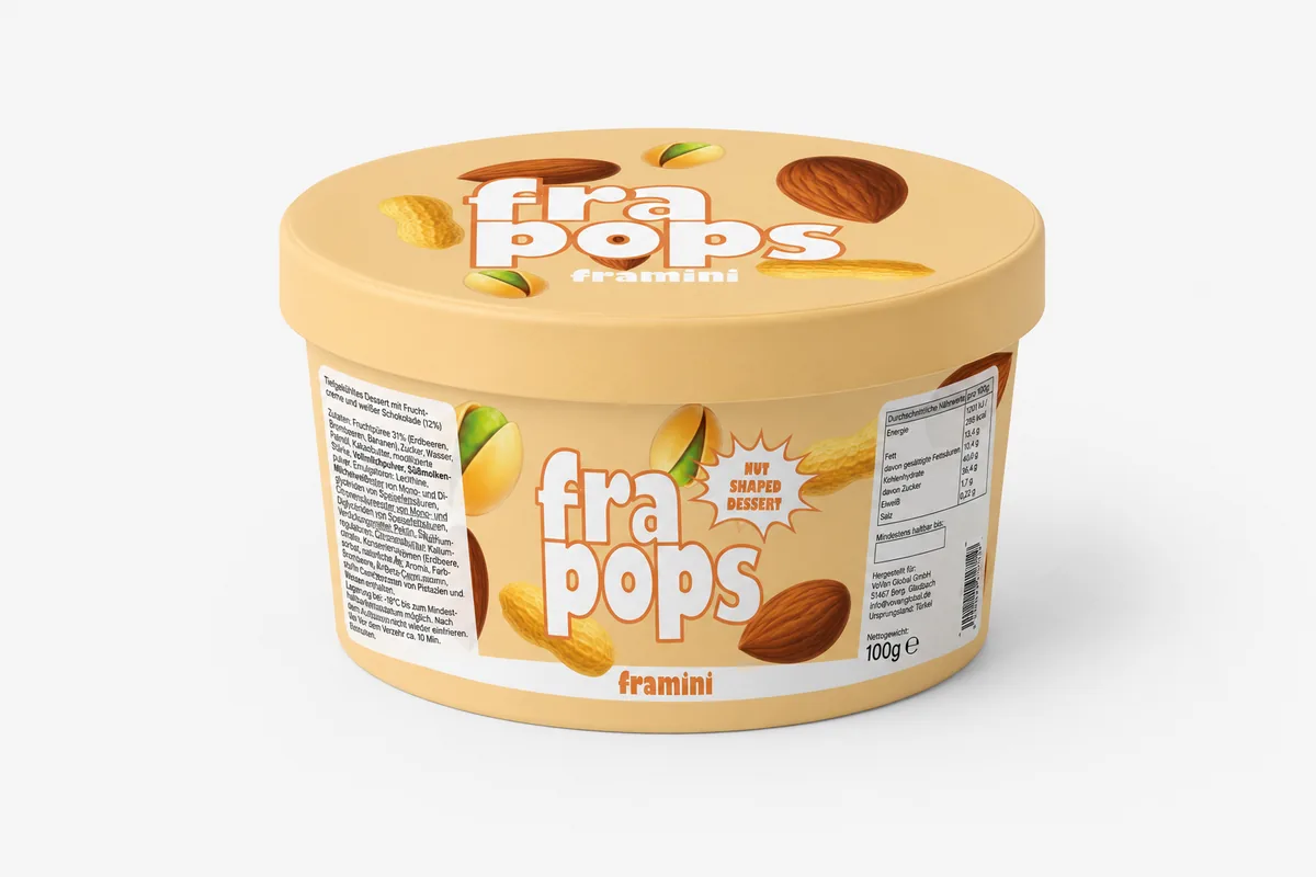 FRAMINI Nutpops 100g Kartonbecher mit Nährwerttabelle und Nuss-Illustrationen
