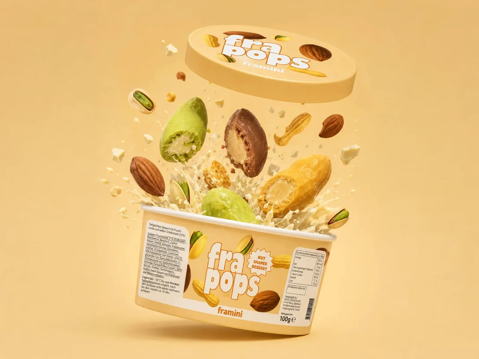 Framini Nutpops - nut shaped dessert: pistachio, almond and peanut in a 100g cup