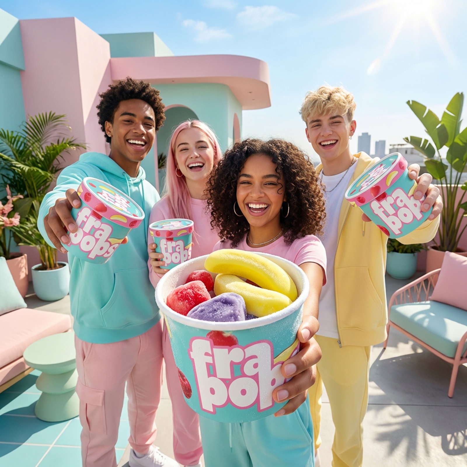 Diverse Gruppe junger Leute mit FRAMINI FraPops auf einer Dachterrasse