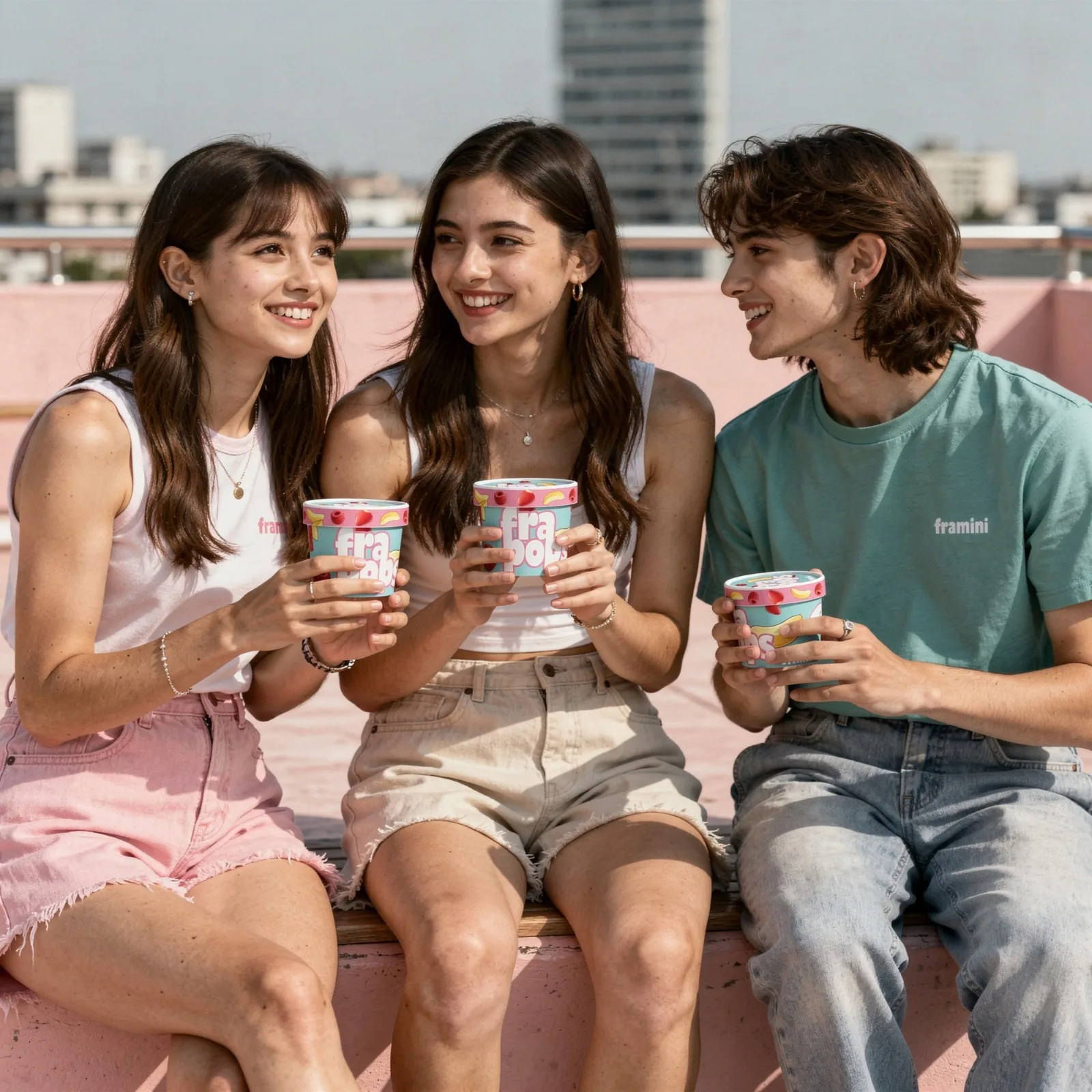 Three young people enjoying FRAMINI FraPops on a rooftop