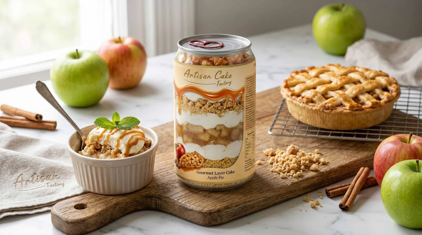 Gourmet Layer Cake Apple Pie – can with apple pieces, cinnamon crumble and cream, apples and cinnamon sticks alongside