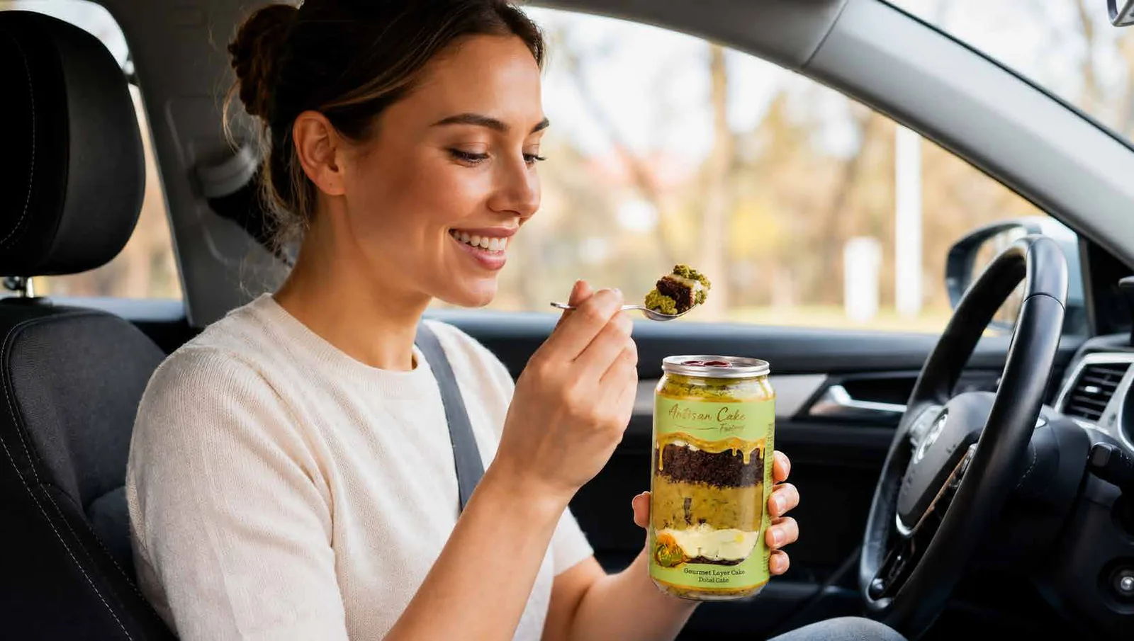 Cake in a can in the cup holder of a car