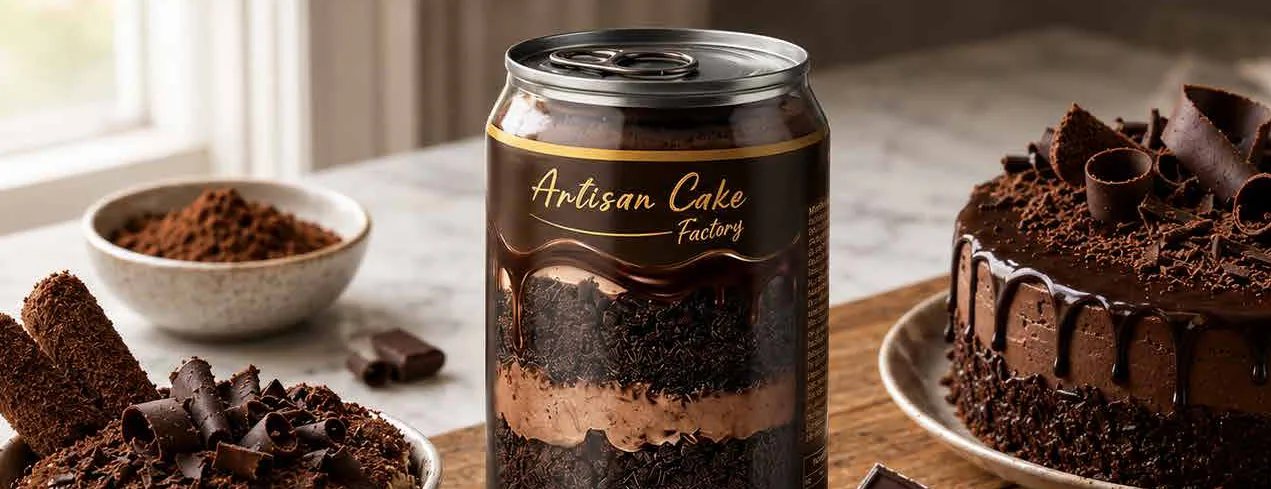 Gourmet Layer Cake Chocolate – dark can with chocolate sponge and chocolate cream on a wooden table