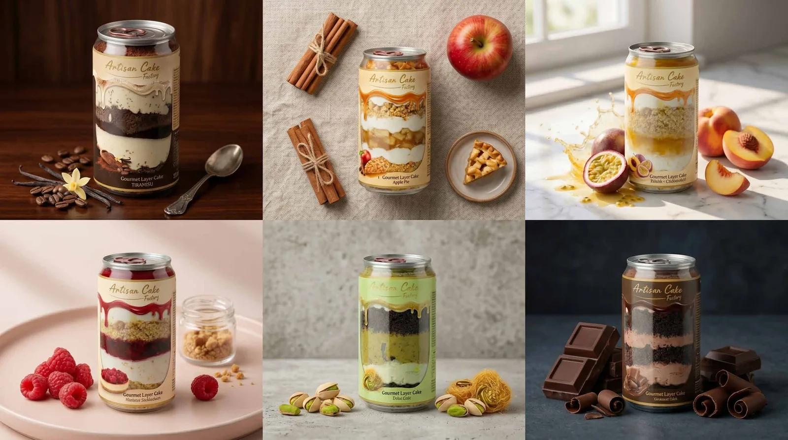 Collage of Gourmet Layer Cakes in cans – opened cans with spoons, layers of sponge, cream and fruit
