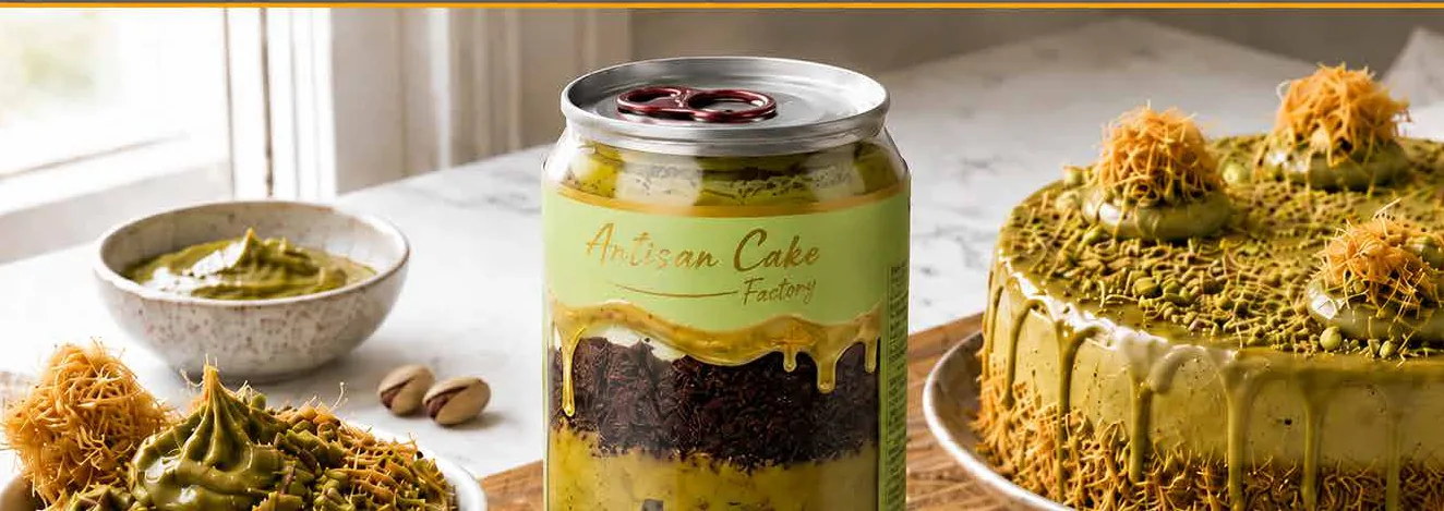 Gourmet Layer Cake Dubai – green can with pistachio cream, kadayıf and chocolate sponge