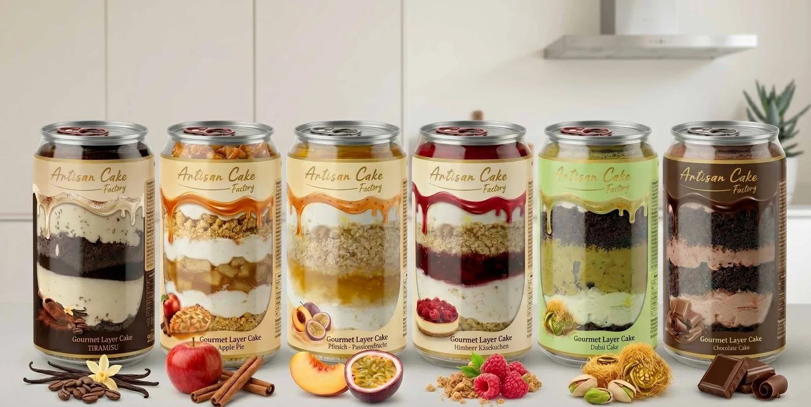 Gourmet Layer Cake in a can – six flavours in clear ring-pull cans side by side: Tiramisu, Apple Pie, Peach Passion Fruit, Raspberry Cheesecake, Dubai Cake, Chocolate Cake