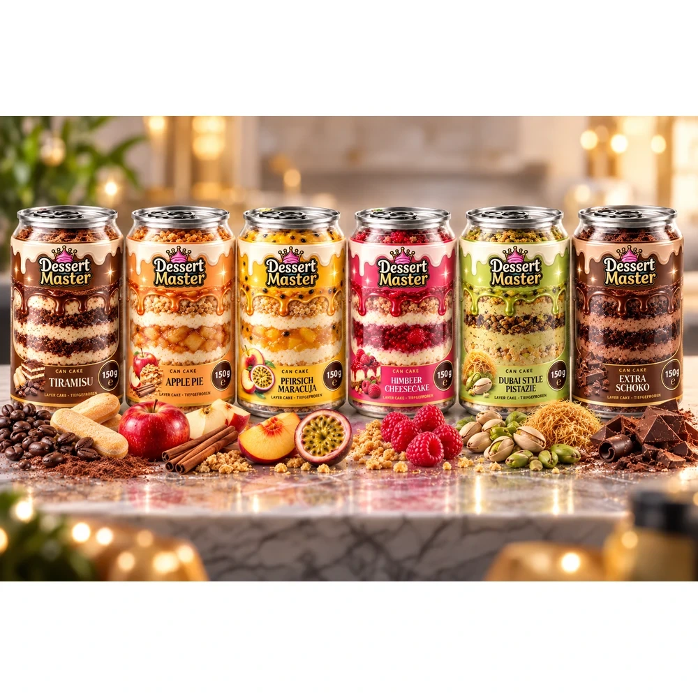 Dessert Master Can Cake in a can – six flavours in clear ring-pull cans side by side: Tiramisu, Apple Pie, Peach Passion Fruit, Raspberry Cheesecake, Dubai Cake, Chocolate Cake