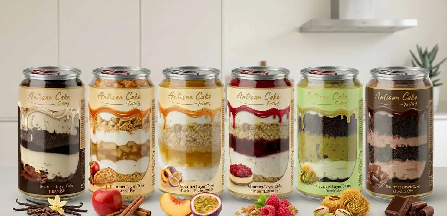 Six cans of Gourmet Layer Cake lined up in a kitchen