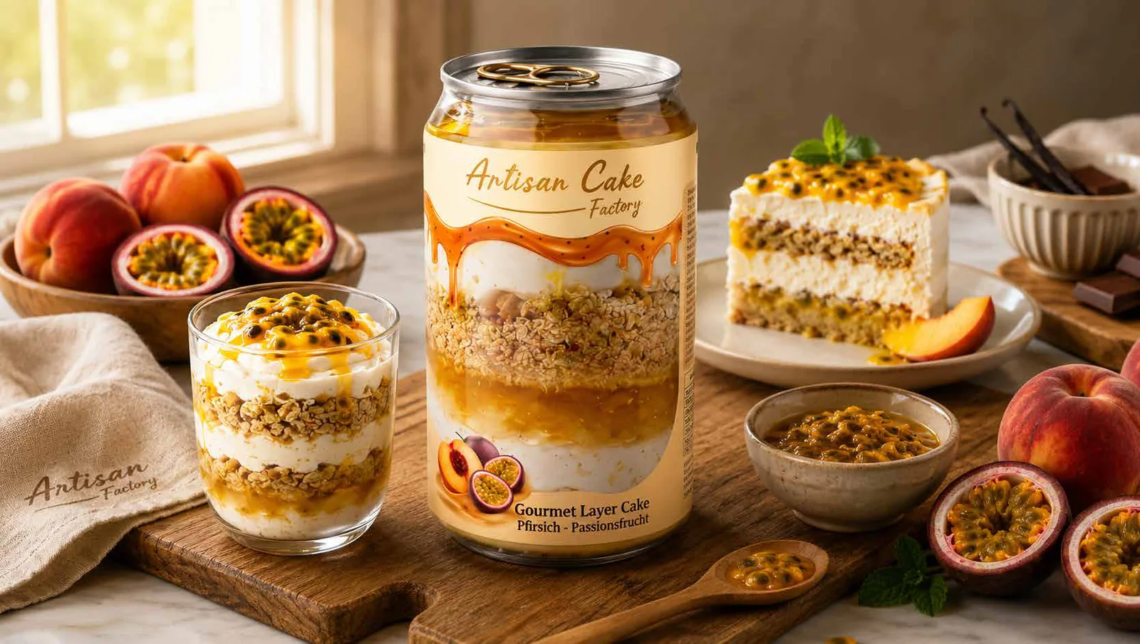 Gourmet Layer Cake Peach – Passion Fruit – can with peach, passion fruit, cream and sponge