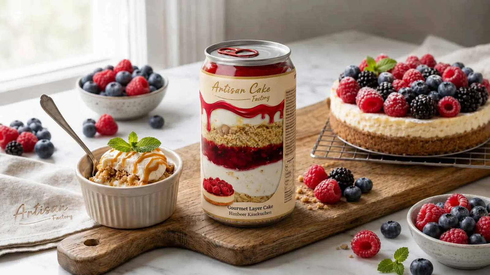 Gourmet Layer Cake Raspberry Cheesecake – can with raspberry layer, cream cheese and biscuit base, fresh raspberries alongside