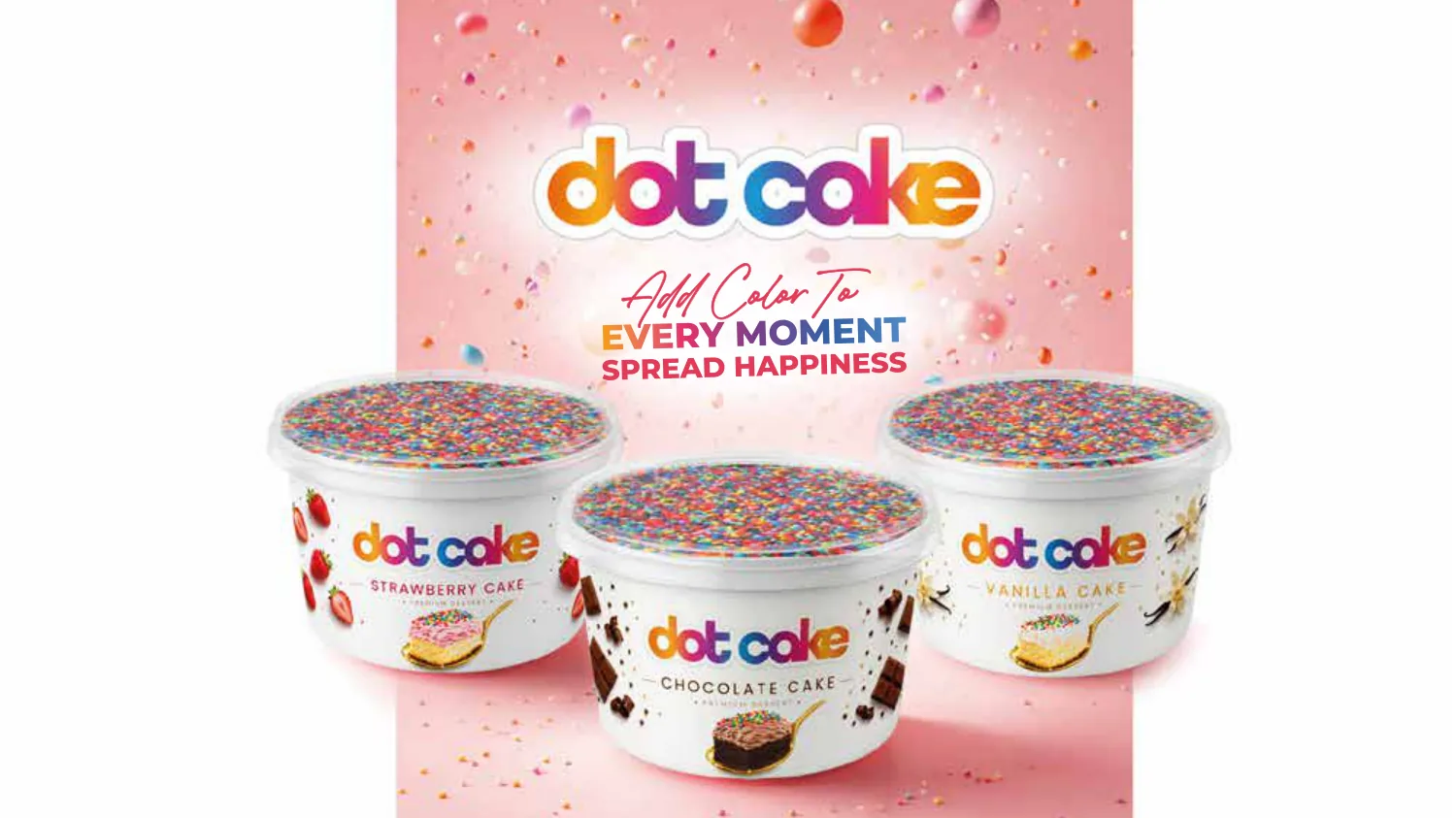 Dot Cake – three cups of Strawberry, Chocolate and Vanilla with colourful sprinkle topping under the slogan Add Color To Every Moment