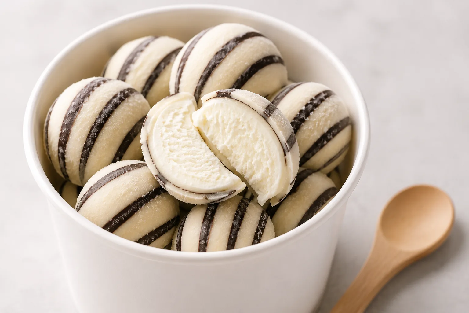 Frozen Yogurt – striped glazed yogurt balls, close-up