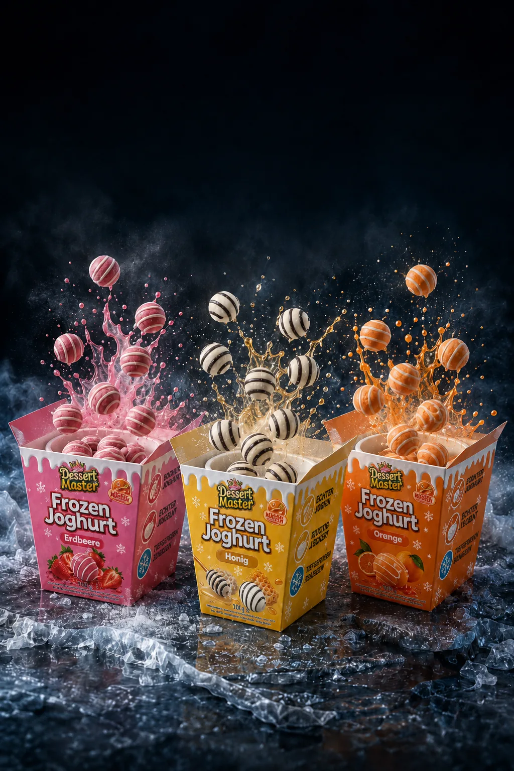 Frozen Joghurt Becher mit aufgeklapptem Deckel und gestreiften Joghurtkugeln, Titelmotiv des Salesfolders 2026