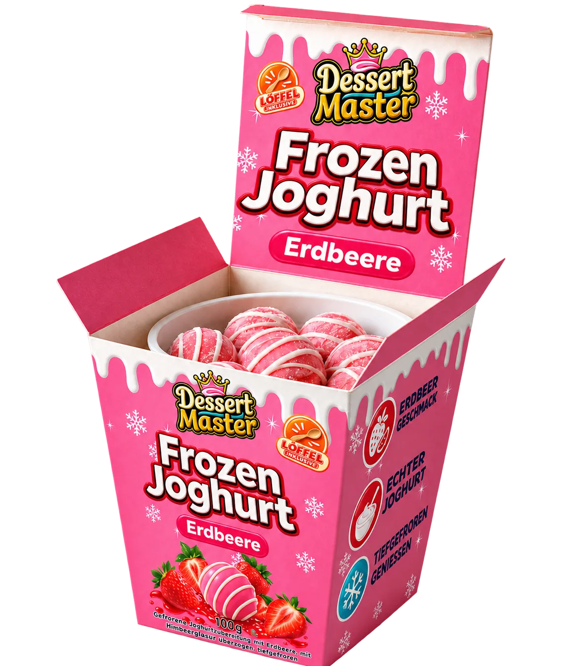 Frozen Joghurt Erdbeere – pinker Faltkarton mit Klappdeckel, freigestellt