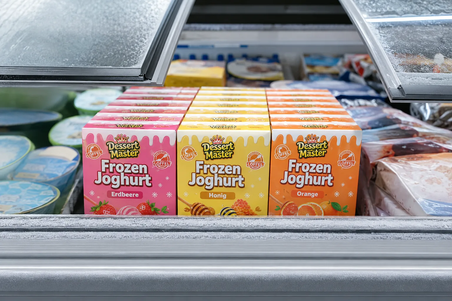 Frozen Joghurt Honig, Erdbeere und Orange als Dreierblock in der Tiefkühltruhe