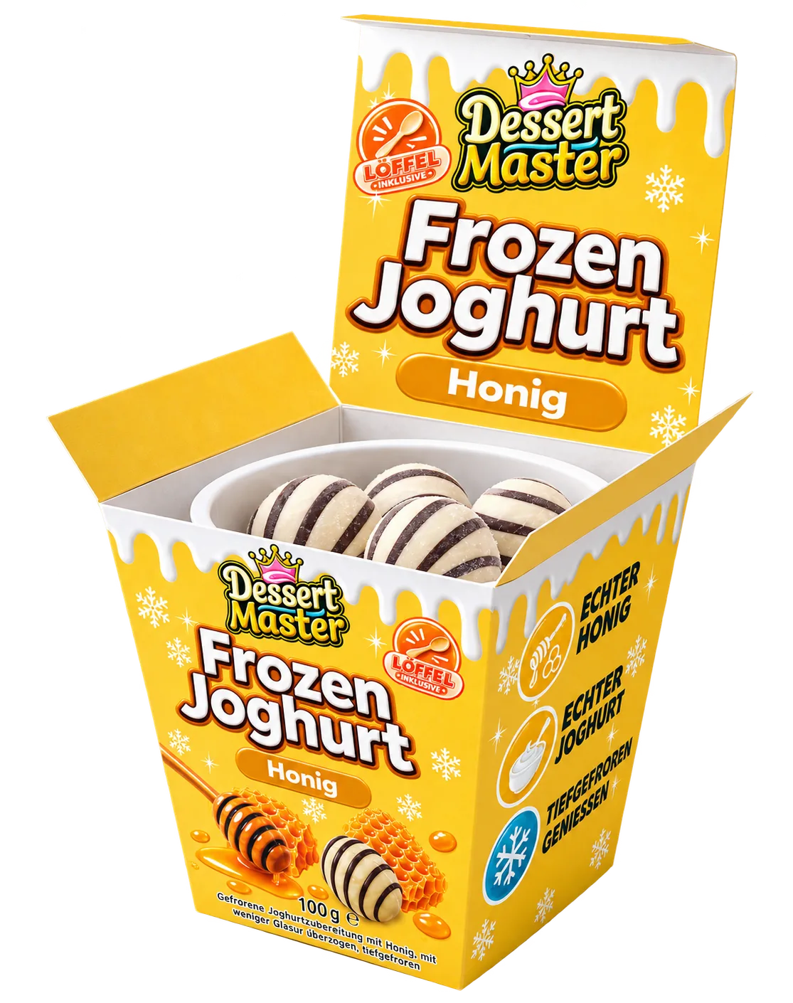 Frozen Joghurt Honig – gelber Faltkarton mit Klappdeckel und Joghurtkugeln in weißer Glasur mit Zartbitter