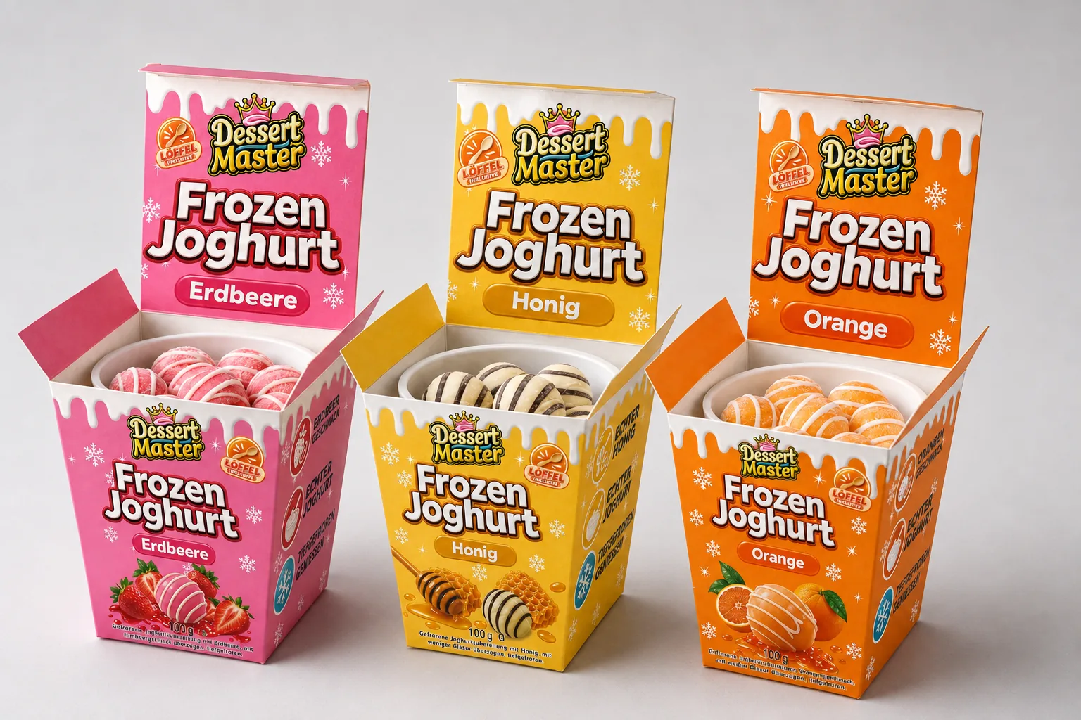 Dessert Master Frozen Joghurt – die drei Sorten Honig, Erdbeere und Orange im aufgeklappten 100-g-Becher