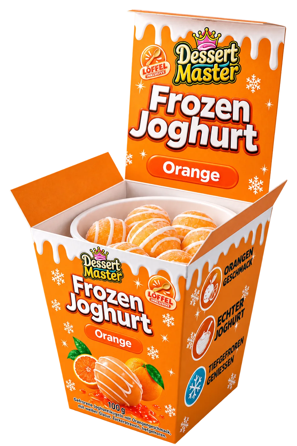 Frozen Joghurt Orange – oranger Faltkarton mit Klappdeckel und Joghurtkugeln in orangefarbener Glasur mit Zartbitter