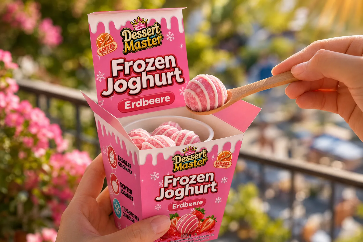 Löffel mit gefrorener Joghurtkugel über dem geöffneten Frozen-Joghurt-Becher