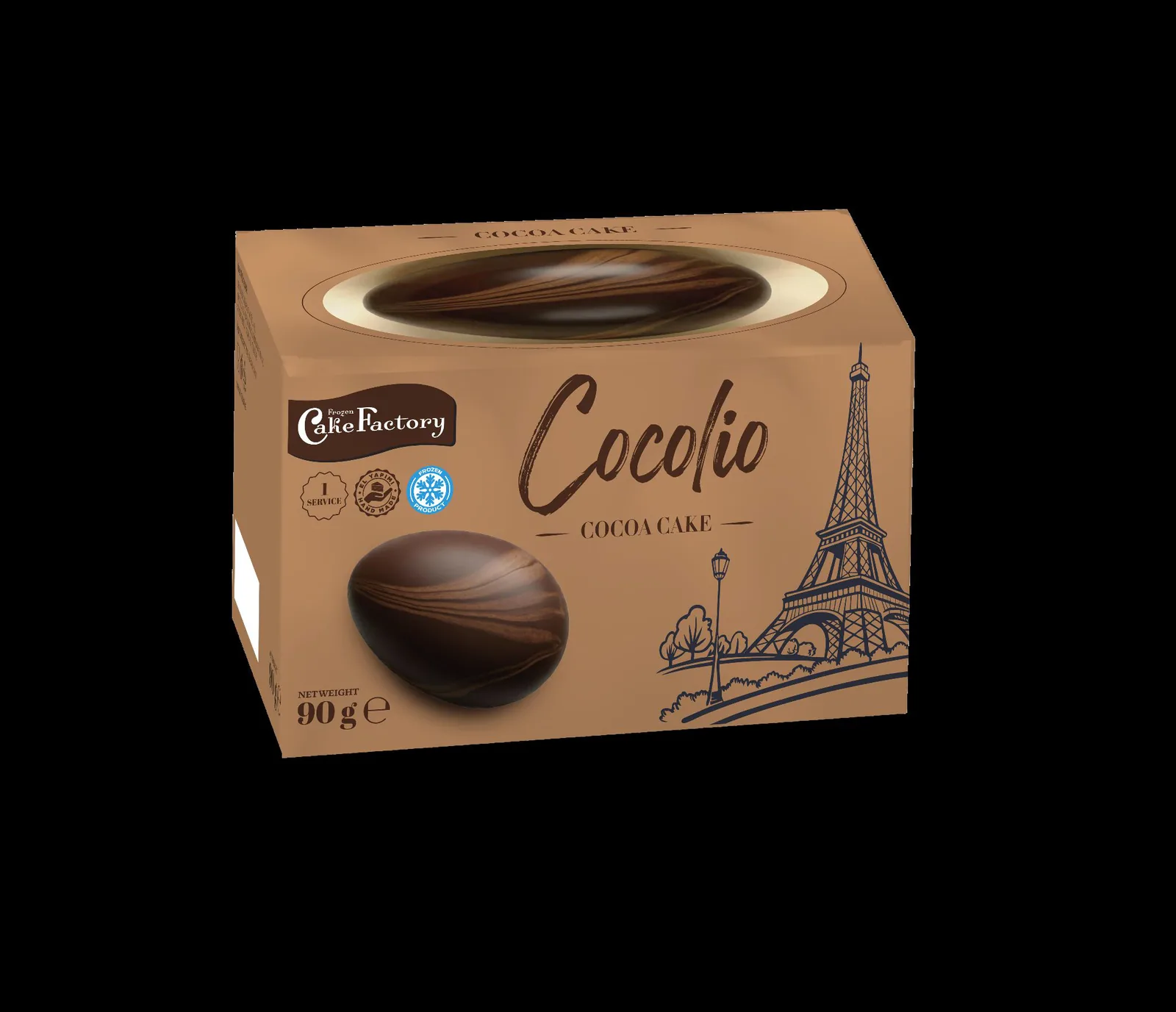 Coccio Cocoa Cake – Kuchen in Form einer Kakaobohne mit brauner Faltschachtel