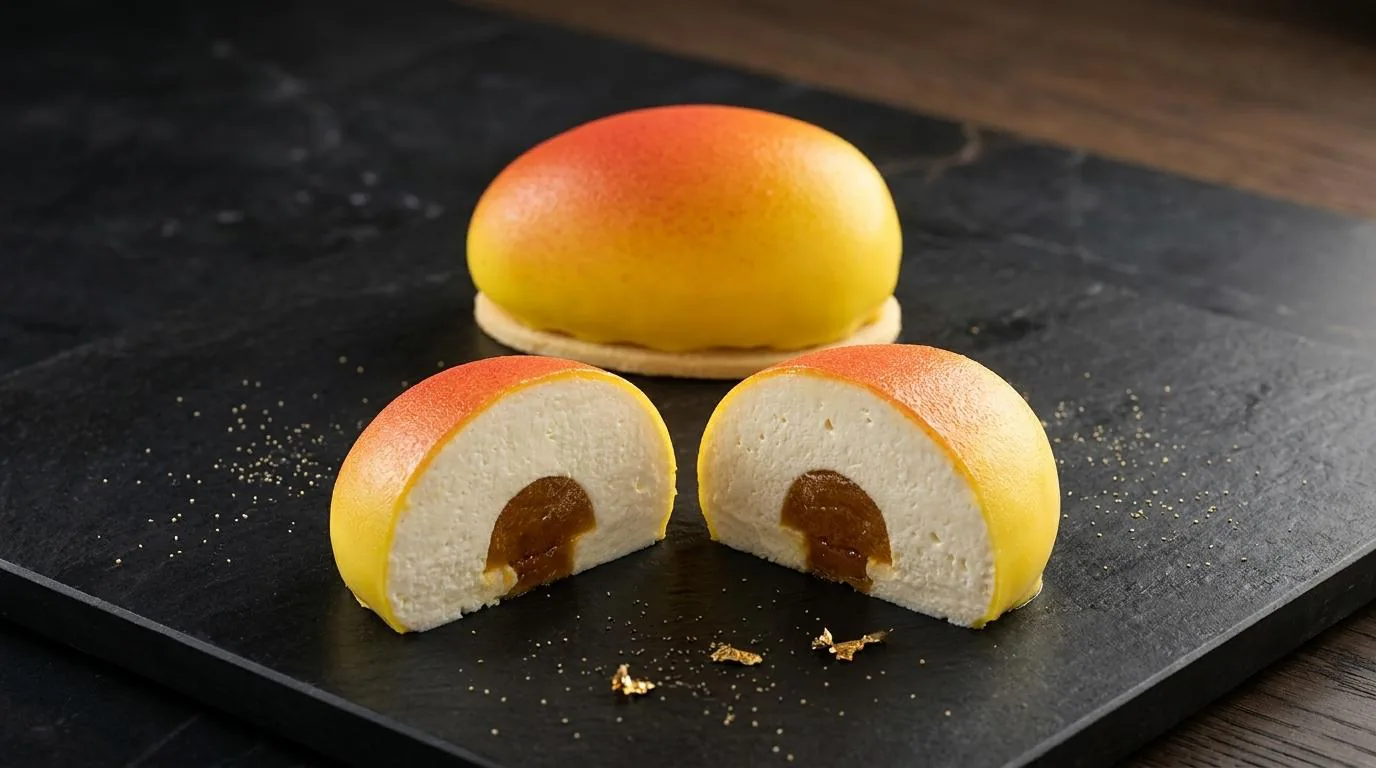 Mangochi im Anschnitt – helle Creme mit Mangokern