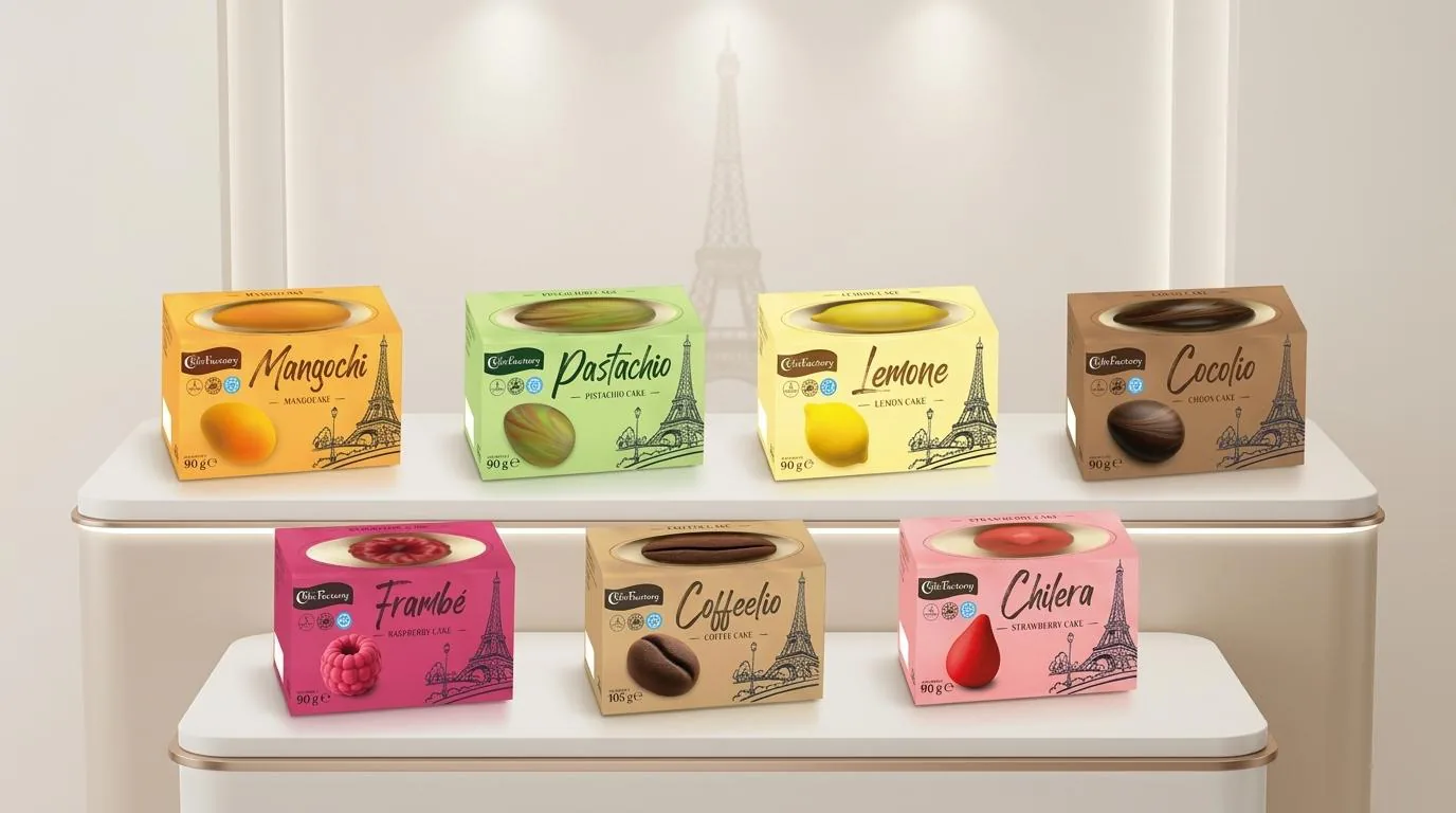 Die sieben Faltschachteln der Fruit Shape Cakes nebeneinander – farbcodiert mit Sichtfenster