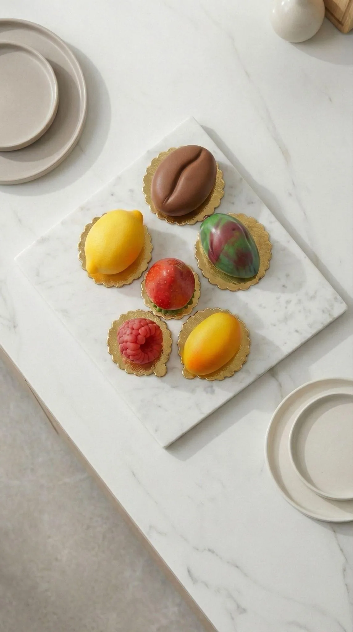 Fruit Shape Cakes auf Marmor angerichtet – Erdbeere, Zitrone und Mango aus Kuchen