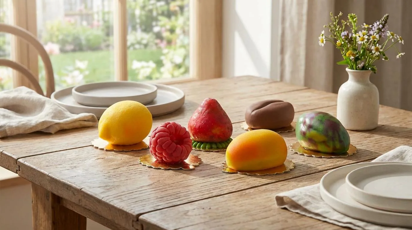 Fruit Shape Cakes – cakes shaped like lemon, strawberry, mango and raspberry on marble