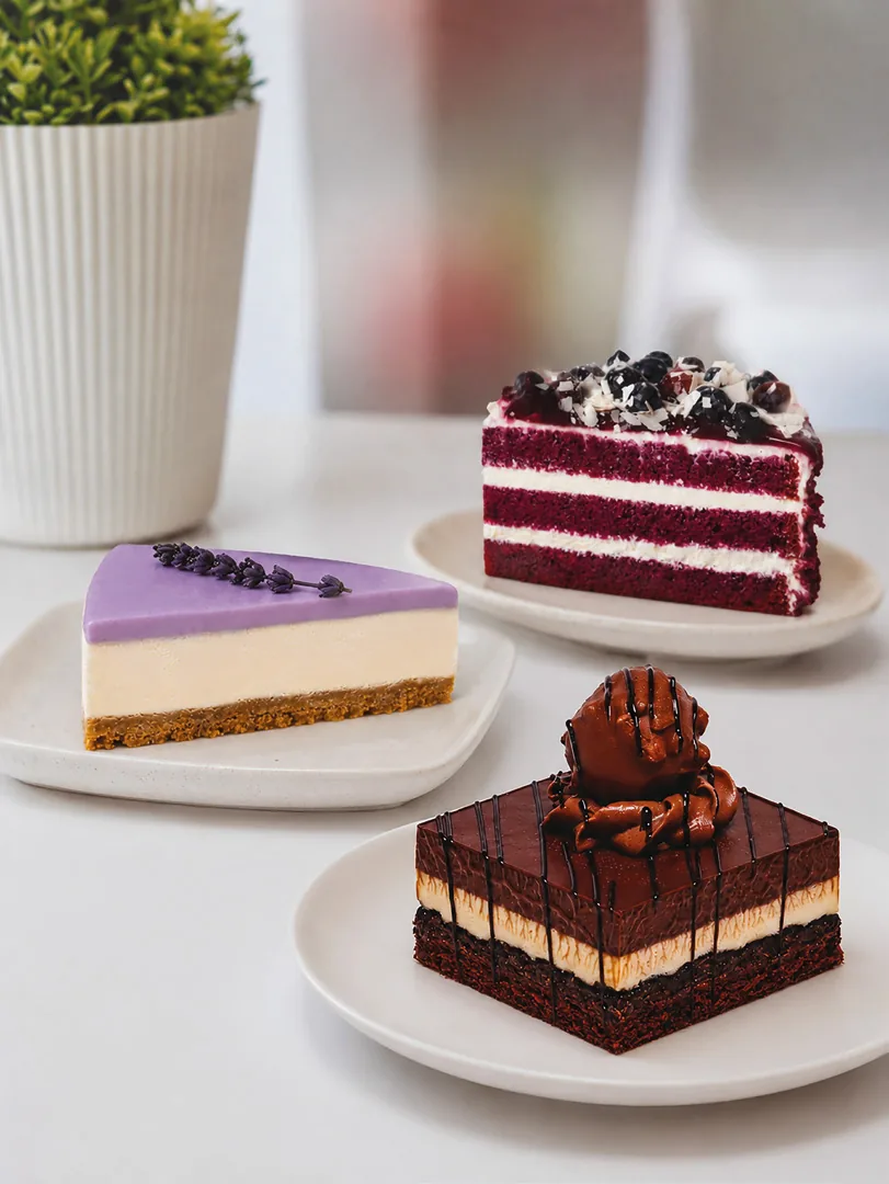 Drei HORECA Cakes auf Tellern: Lavendel-Mastix-Cheesecake, Red-Velvet-Schnitte und Schokoladen-Würfel