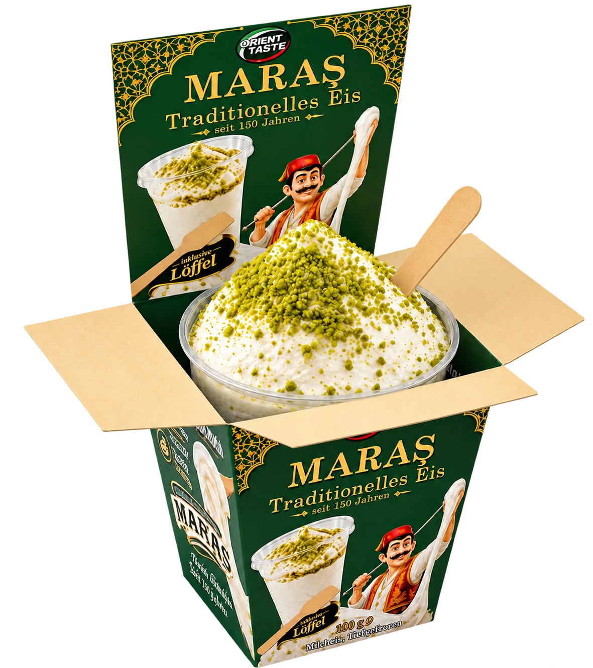 Orient Taste Maraş Eis 100 g – grüner Faltkarton mit Klappdeckel und Gold-Ornament, Freisteller