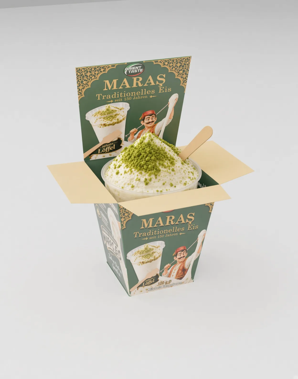 Orient Taste Maraş Eis – Verpackung mit Becher und Holzlöffel, Produktfoto