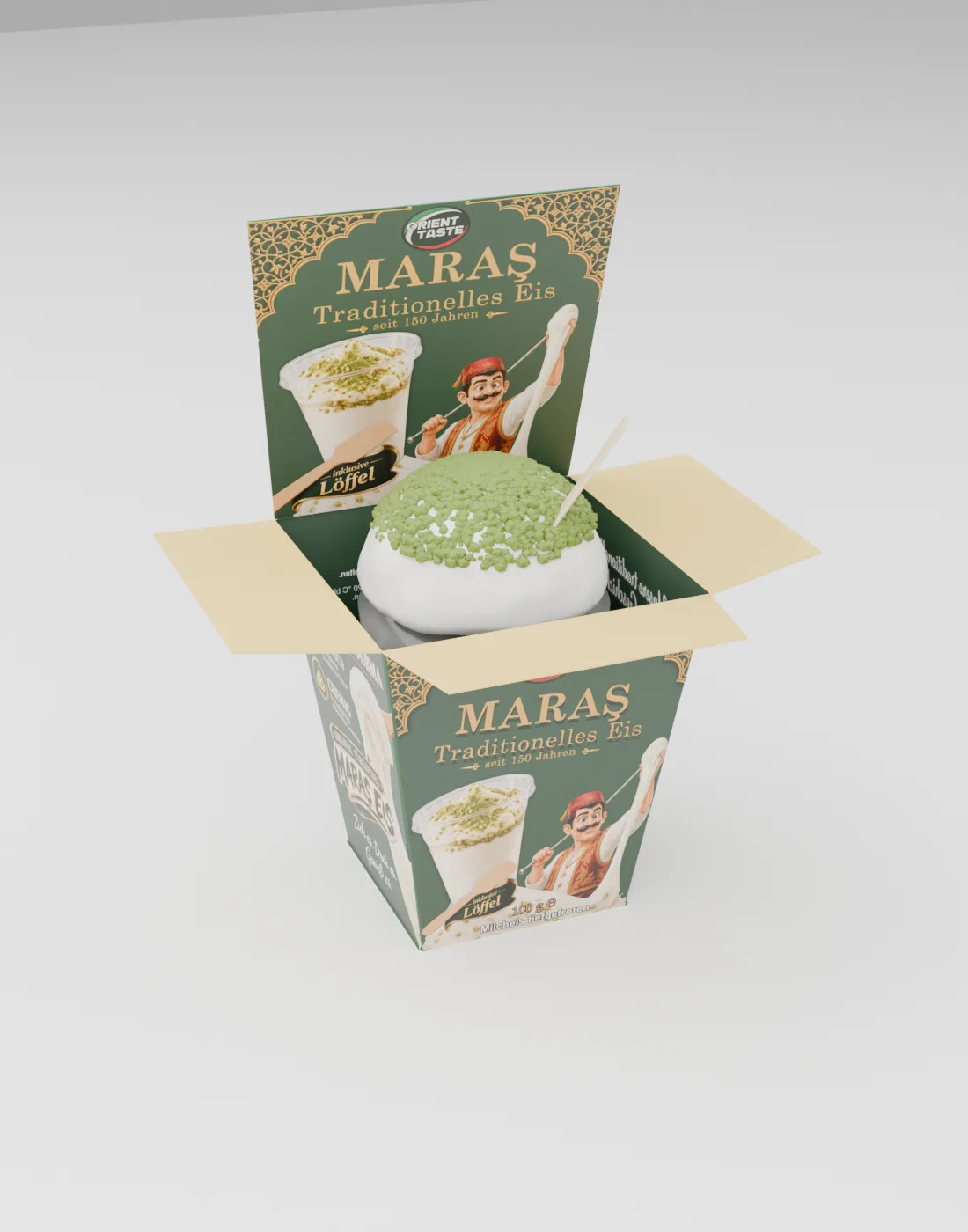Maraş Eis Faltkarton geöffnet – Klappdeckel auf, Becher und Holzlöffel sichtbar