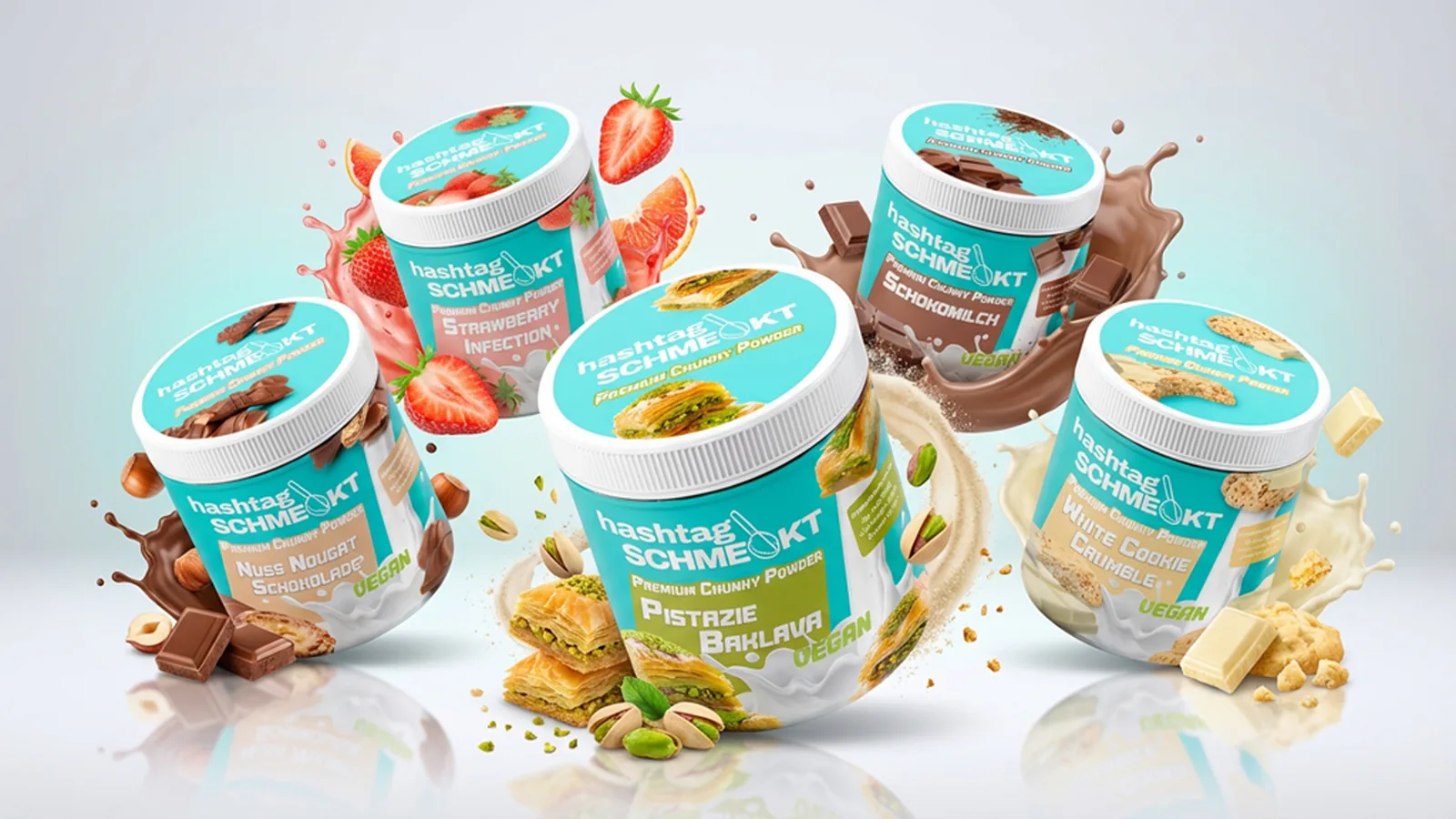 hashtag SCHMECKT Premium Chunky Powder 5 vegane Sorten