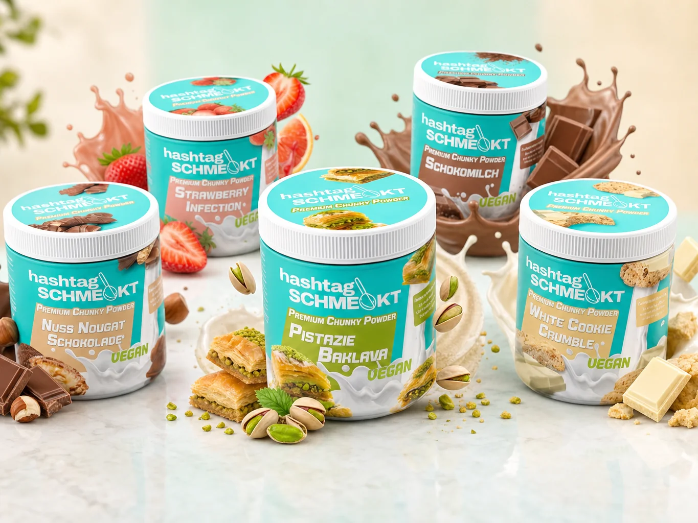hashtag SCHMECKT Premium Chunky Powder 5 vegane Sorten