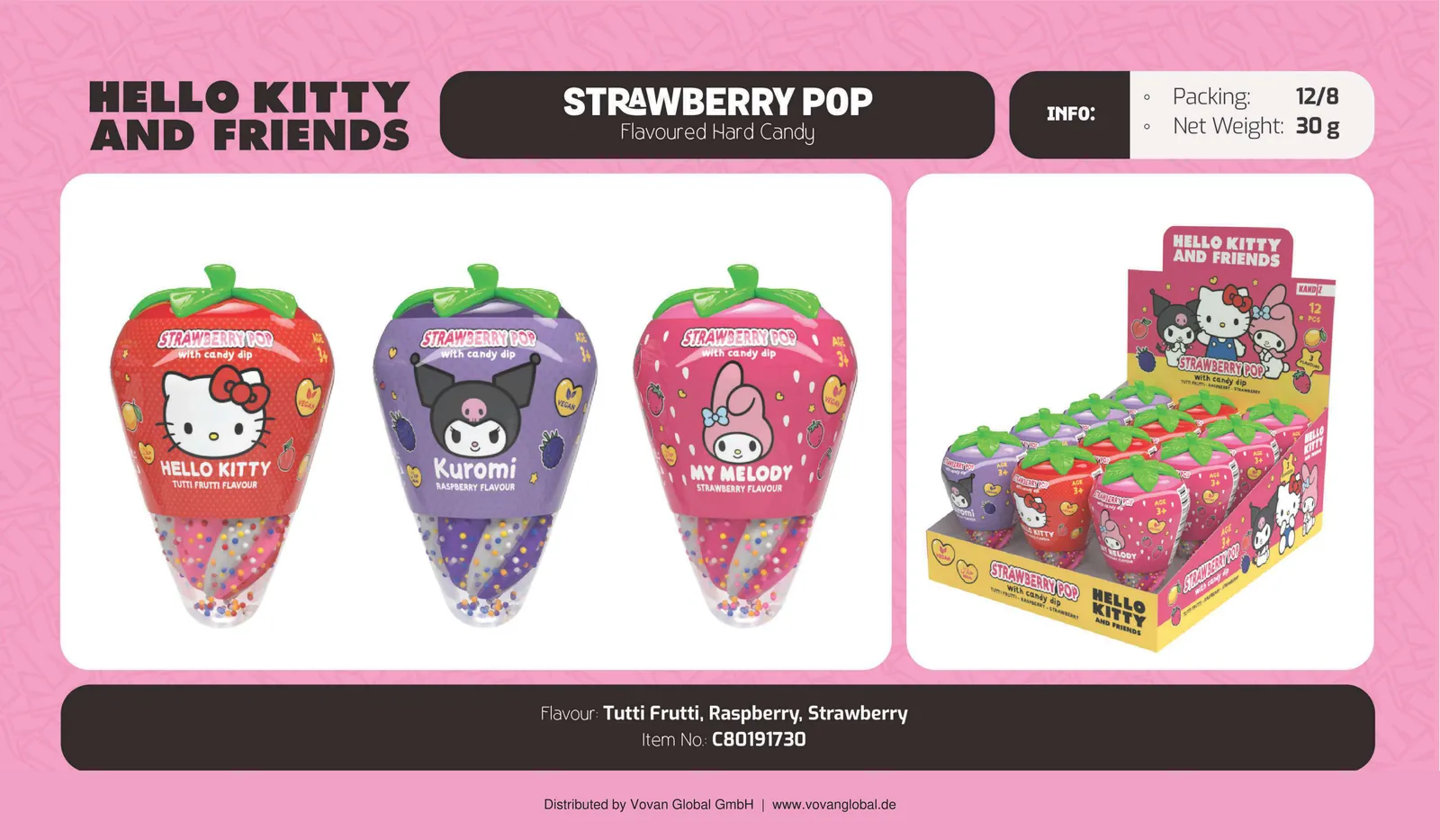 Strawberry Pop Hello Kitty mit Candy Dip - Erdbeerförmiger Hard Candy Lollipop