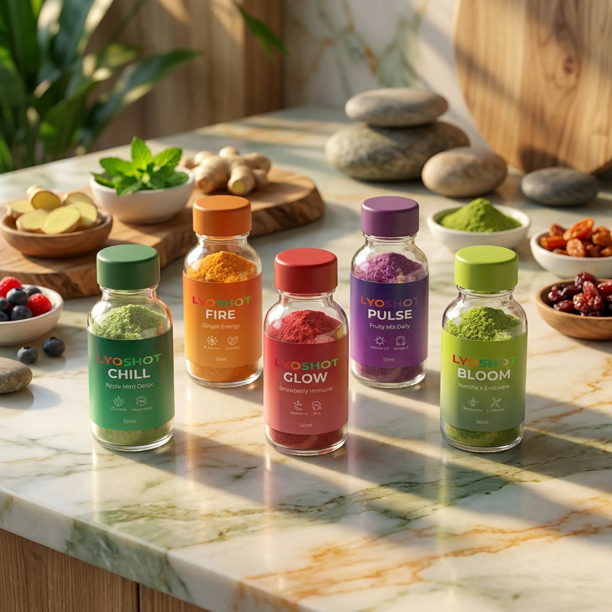 LYOSHOT - Alle 5 gefriergetrockneten Vitamin Shots: GLOW, FIRE, CHILL, PULSE und BLOOM auf Marmor-Unterlage