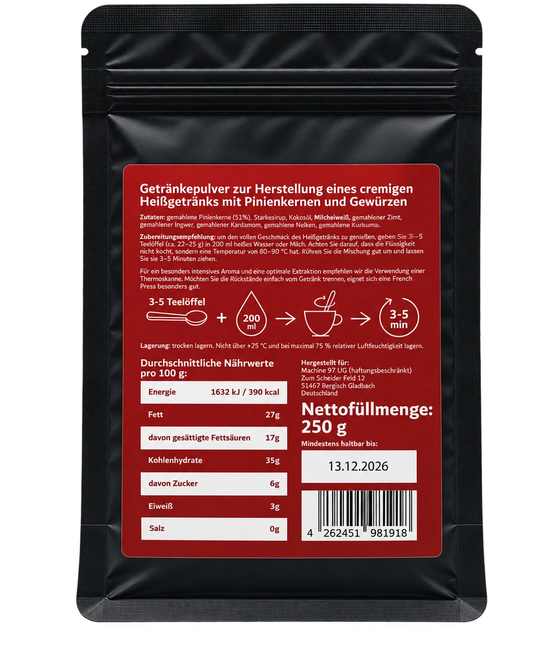M97 Factory hot drink with pine nuts and spices, back of pack with ingredients, preparation and nutrition