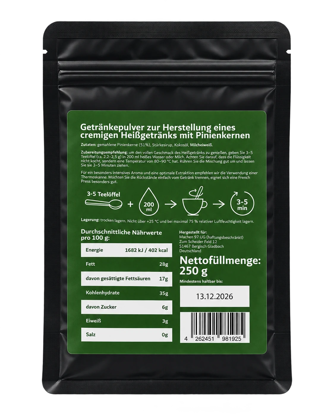 M97 Factory hot drink with pine nuts Plain, back of pack with ingredients, preparation and nutrition