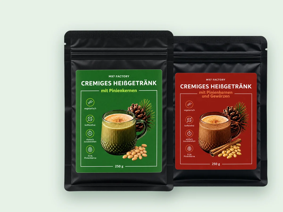 M97 Factory creamy hot drink with pine nuts, Plain and Spiced, 250 g pouches