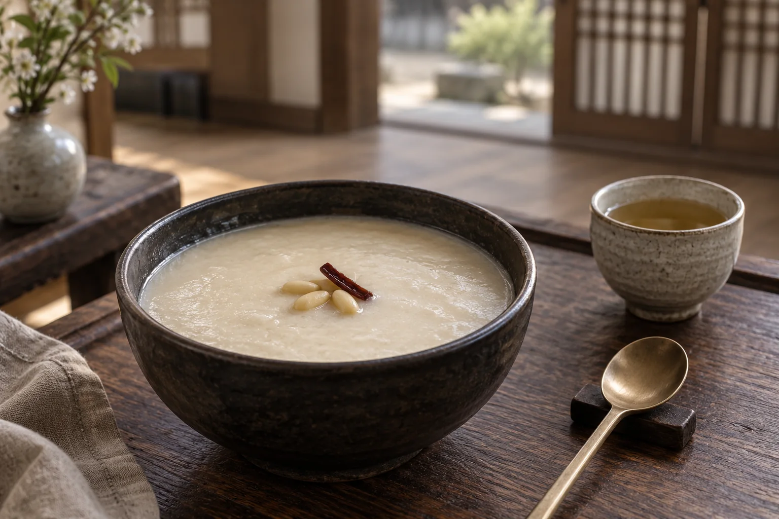 Koreanische Pinienkern-Suppe Jatjuk in einer Keramikschale