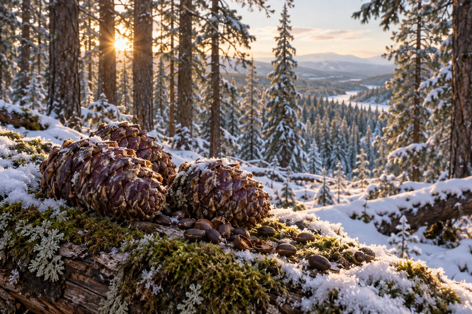 Sibirische Zirbelkiefern mit Zapfen im Schnee