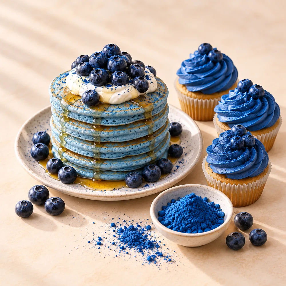 Hellblaue Pancakes und blaue Cupcakes