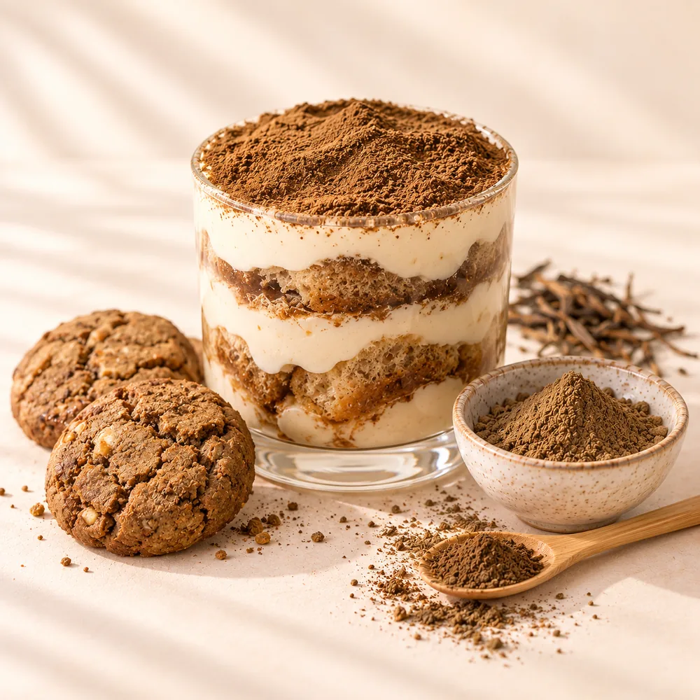 Hojicha-Tiramisu und Cookies