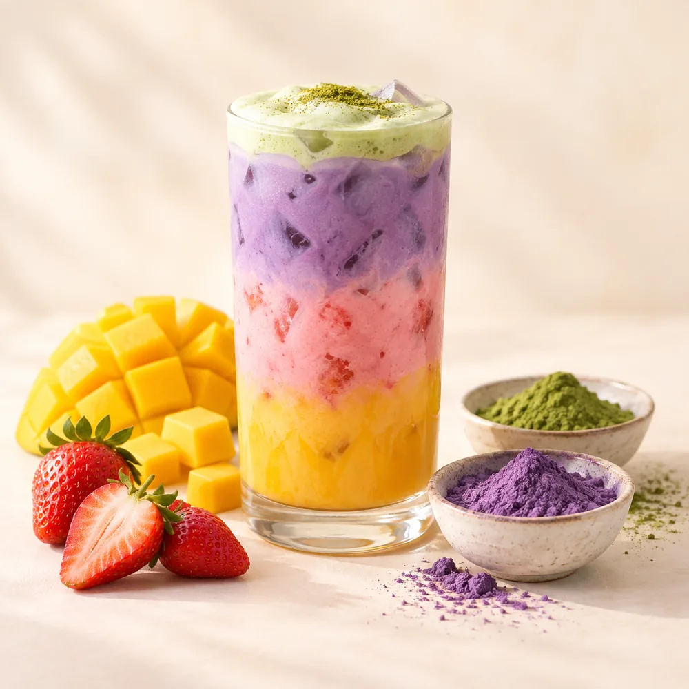 Geschichteter Drink in Lila, Rosa und Gelb