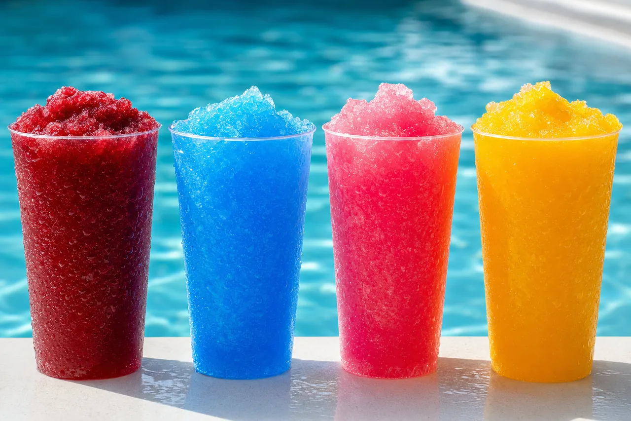 Blue slush being poured from a jug into a cup