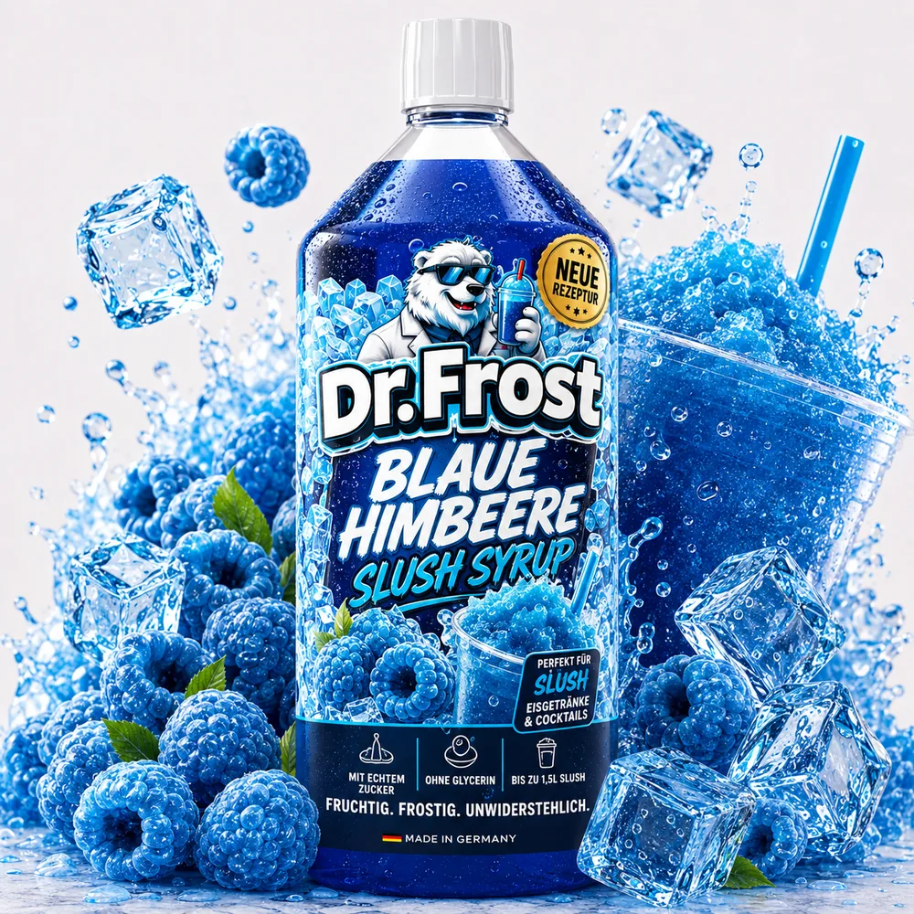 Dr.Frost Slush Syrup Blue Raspberry &ndash; 1 litre bottle for slush machines, with slush cup and ice cubes