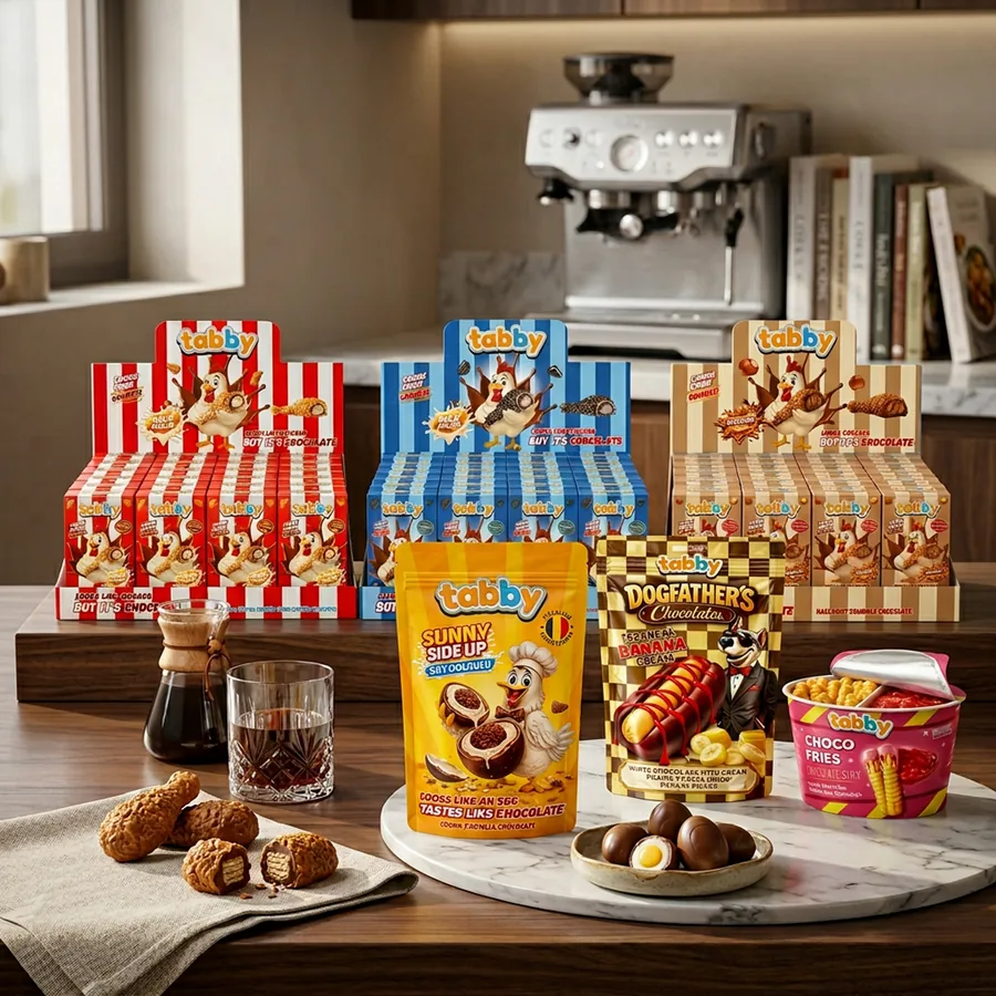TABBY Chocolate Showcase featuring all 4 lines: Drumstick, Hotdog, Sunny Side Egg, Choco Fries