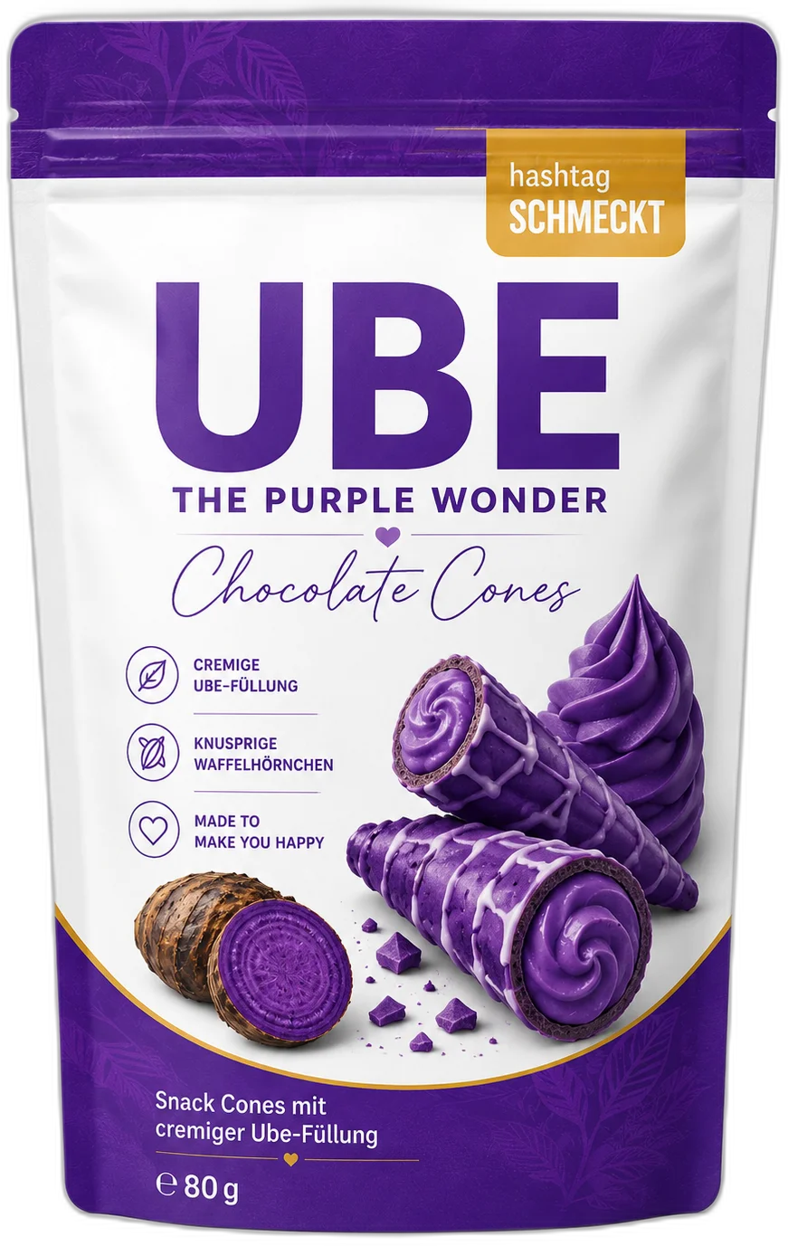 UBE Chocolate Cones 80g - crispy mini waffle cones with a creamy ube filling in a doypack